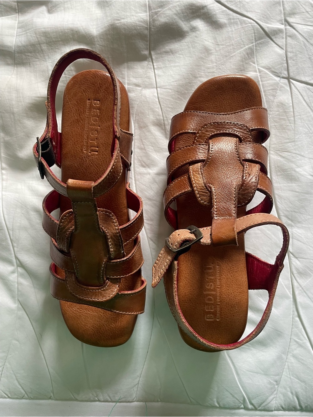 BED|STU New Brown Leather Woven Strap Sandals with Red Lining